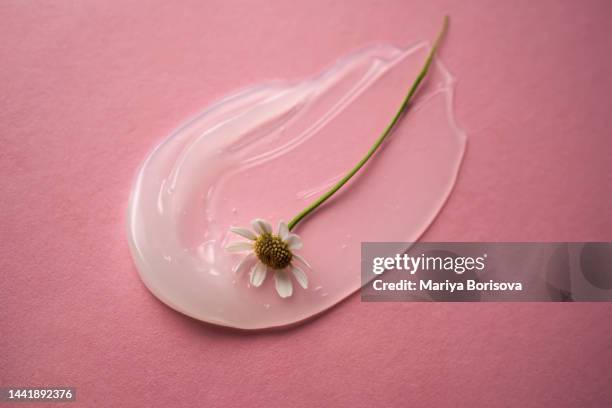 the texture of a white cosmetic cream on a pink background with a calendula flower. - calendula stock-fotos und bilder