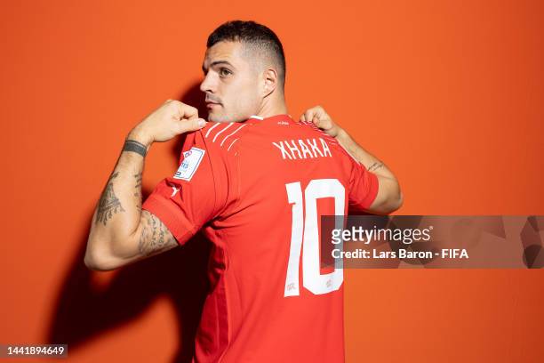 Granit Xhaka of Switzerland poses during the official FIFA World Cup Qatar 2022 portrait session on November 15, 2022 in Doha, Qatar.
