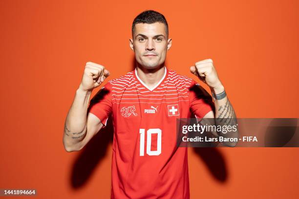 Granit Xhaka of Switzerland poses during the official FIFA World Cup Qatar 2022 portrait session on November 15, 2022 in Doha, Qatar.