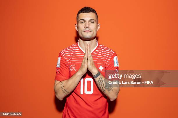 Granit Xhaka of Switzerland poses during the official FIFA World Cup Qatar 2022 portrait session on November 15, 2022 in Doha, Qatar.