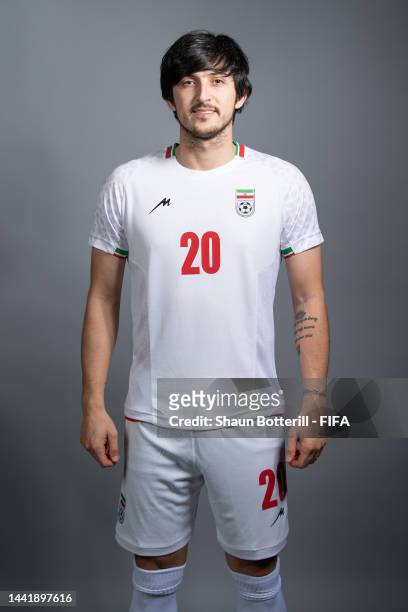 Sardar Azmoun of IR Iran poses during the official FIFA World Cup Qatar 2022 portrait session on November 15, 2022 in Doha, Qatar.