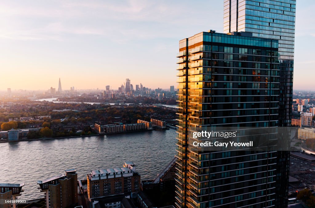 London city Canary Wharf skyline at sunset