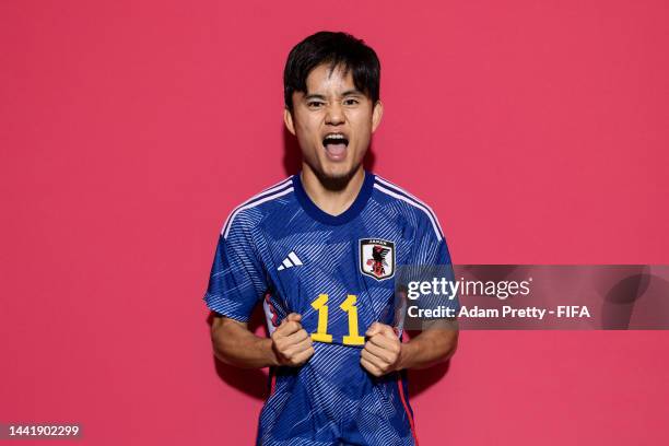 Takefusa Kubo of Japan poses during the official FIFA World Cup Qatar 2022 portrait session on November 15, 2022 in Doha, Qatar.