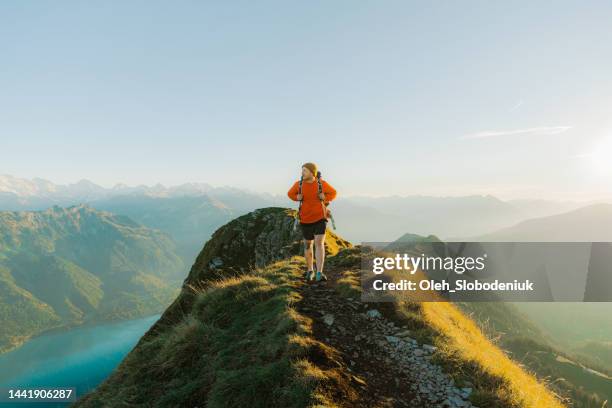 mann wandert auf dem hintergrund von interlaken in den schweizer alpen - mountain and summit and one person not snow stock-fotos und bilder