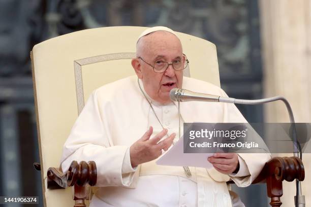Pope Francis holds his homily during his weekly general audience at St. Peter's Square on November 16, 2022 in Vatican City, Vatican. Pope Francis...