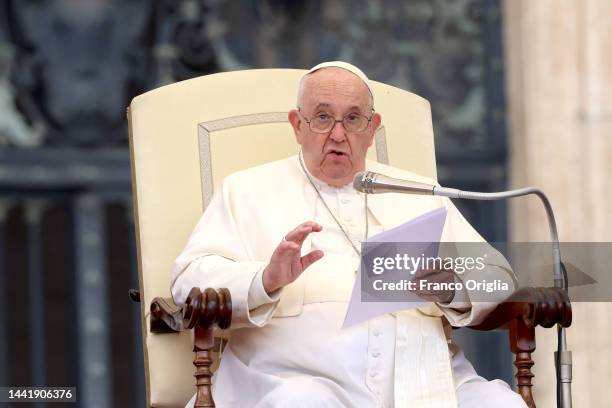 Pope Francis holds his homily during his weekly general audience at St. Peter's Square on November 16, 2022 in Vatican City, Vatican. Pope Francis...