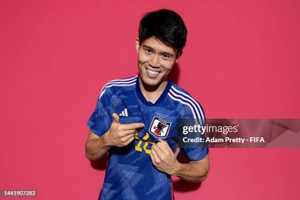 Takehiro Tomiyasu of Japan poses during the official FIFA World Cup Qatar 2022 portrait session on November 15, 2022 in Doha, Qatar.