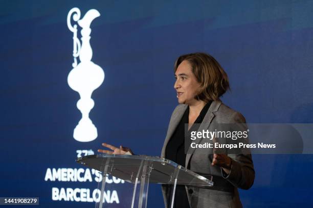 The mayor of Barcelona, Ada Colau, speaks during the press conference presentation of the 37th edition of the America's Cup at the Museu Maritim, on...