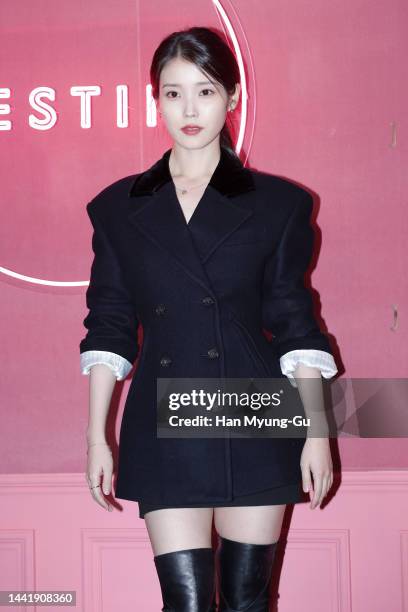 South Korean actress and singer IU aka Lee Ji-Eun attends the J.ESTINA pop-up store open photocall at J'Z Bar on November 16, 2022 in Seoul, South...