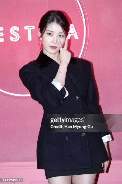 South Korean actress and singer IU aka Lee Ji-Eun attends the J.ESTINA pop-up store open photocall at J'Z Bar on November 16, 2022 in Seoul, South...