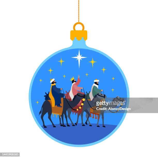 nativity scene. shining star and three wise men. christmas ball. - nativity scene vector stock illustrations