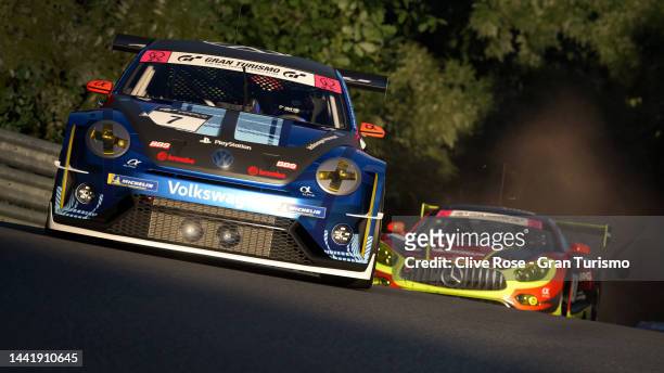 Lucas Bonelli of Brazil and Mercedes battles with Seiya Suzuki of Japan and VW during round 3 of the Manufacturers Cup in the Gran Turismo World...