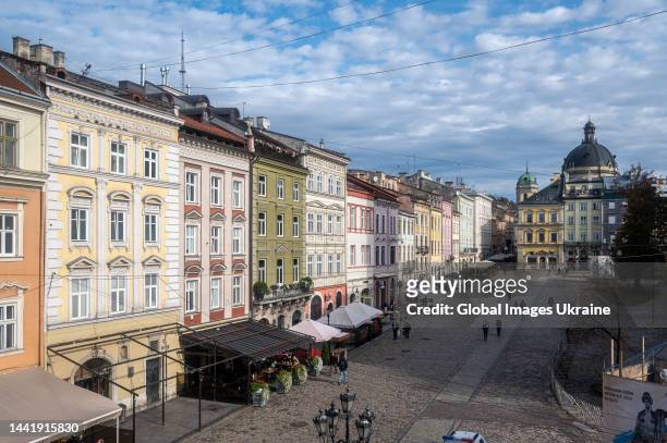 View from a height of the northern part of Rynok Square on October 24, 2022 in Lviv, Ukraine. The central square in Lviv, the historical heart of the...