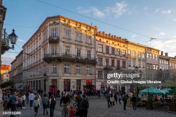 Buildings of the southern part of Rynok Square in the rays of the setting sun on September 4, 2022 in Lviv, Ukraine. The central square in Lviv, the...