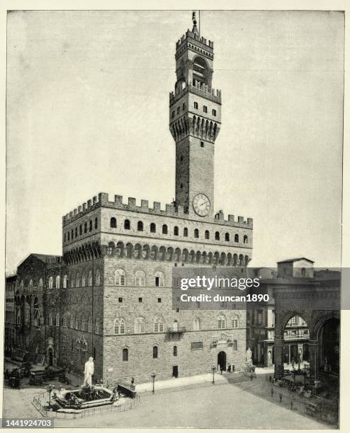 palazzo vecchio, the town hall of florence, italy, 1890s, 19th century, vintage photograph - vecchio stock illustrations