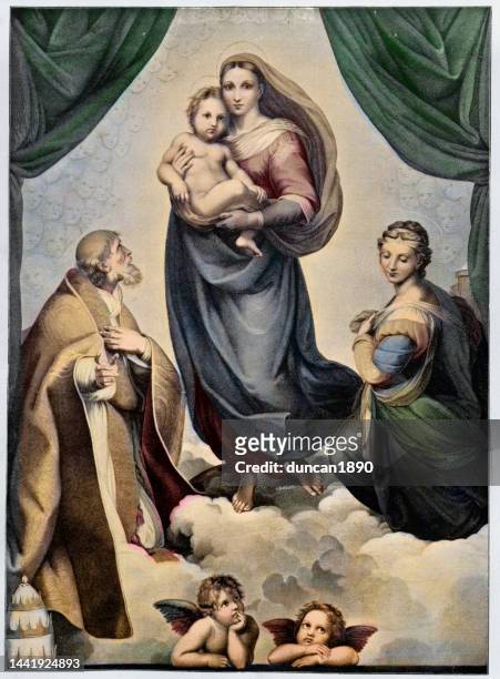 die sixtinische madonna, auch madonna di san sisto genannt, ist ein ölgemälde des italienischen künstlers raffael, das 1512 von papst julius ii. in auftrag gegeben wurde. - jungfrau maria stock-grafiken, -clipart, -cartoons und -symbole