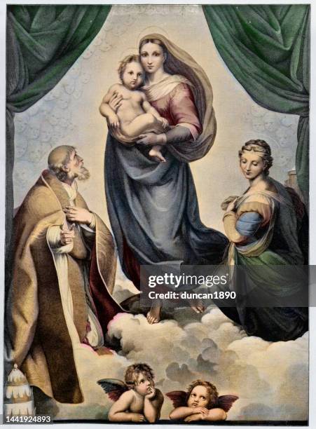 the sistine madonna, also called the madonna di san sisto, is an oil painting by the italian artist raphael, commissioned in 1512 by pope julius ii - raphael young stock illustrations