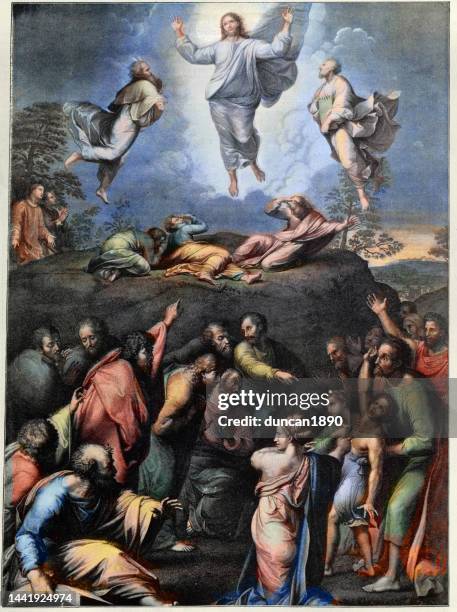 illustrations, cliparts, dessins animés et icônes de la transfiguration par le dernier tableau du maître italien de la haute renaissance raphaël, jésus dans l’art chrétien - style renaissance