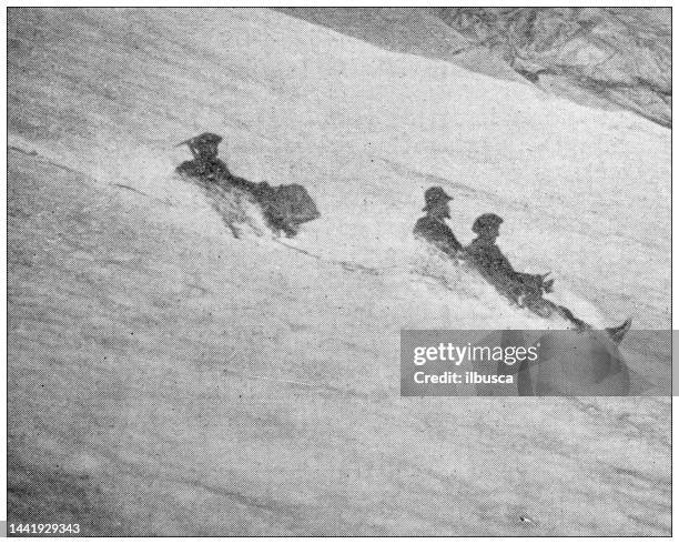 antique image: count henry russell expedition on the pyrenees, ossoue glacier, grottes russell - glacier cave stock illustrations