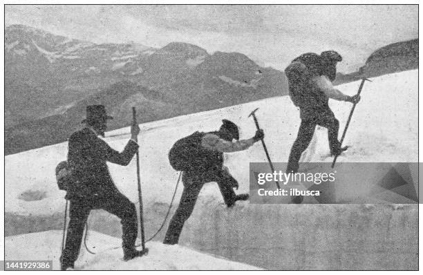 antique image: count henry russell expedition on the pyrenees, ossoue glacier, grottes russell - glacier cave stock illustrations