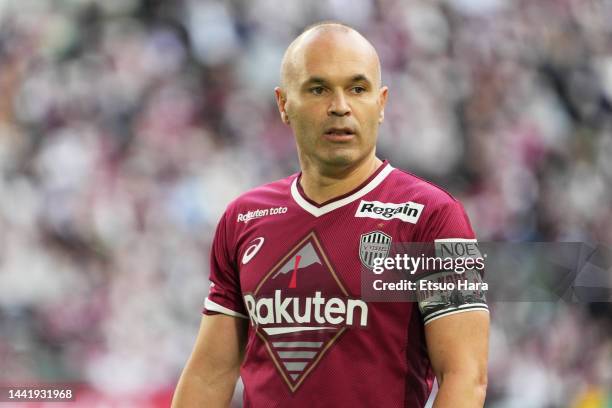 Andres Iniesta of Vissel Kobe reacts during the J.LEAGUE Meiji Yasuda J1 34th Sec. Match between Vissel Kobe and Yokohama F･Marinos at NOEVIR Stadium...