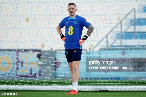 Jordan Pickford of England reacts during an England training session at Al Wakrah Stadium on November 16, 2022 in Doha, Qatar.