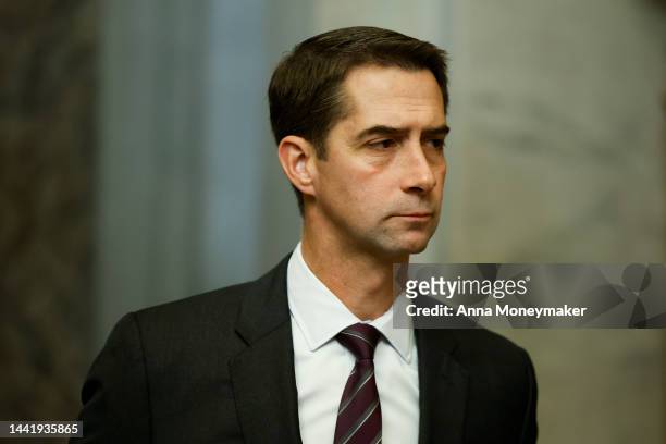 Sen. Tom Cotton arrives to a meeting with Senate Republicans at the U.S. Capitol on November 16, 2022 in Washington, DC. On Wednesday morning, Senate...