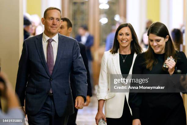 Sen.-elect Ted Budd and Sen.-elect Katie Britt arrive to a meeting with Senate Republicans at the U.S. Capitol on November 16, 2022 in Washington,...