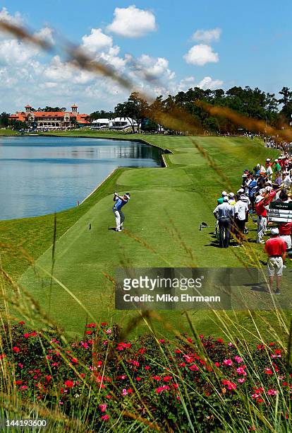 Charlie Wi of South Korea hits his tee shot on the 18th hole during the second round of THE PLAYERS Championship held at THE PLAYERS Stadium course...
