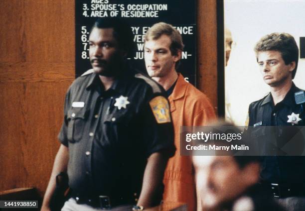 American serial killer and sex offender Jeffrey Dahmer, aka The Butcher of Milwaukee, is indicted on 17 murder charges, men and boys of African or...