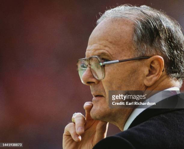 Portrait of Lamar Hunt , founder and owner of the Kansas City Chiefs looks on from the side line during the American Football Conference West...