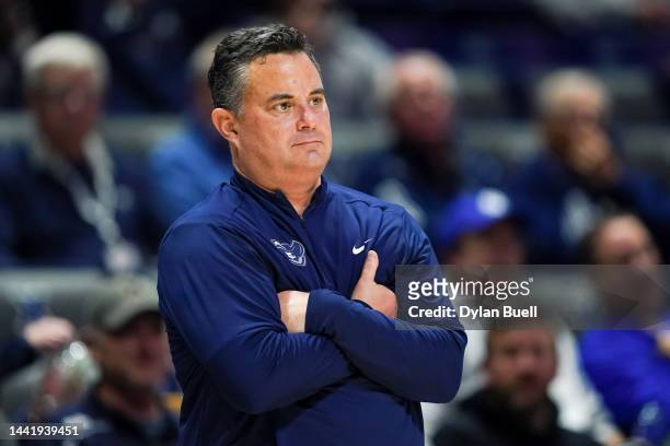 Head coach Sean Miller of the Xavier Musketeers looks on in the second half against the Fairfield Stags at the Cintas Center on November 15, 2022 in...
