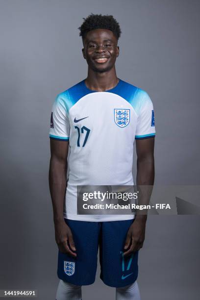 Bukayo Saka of England poses during the official FIFA World Cup Qatar 2022 portrait session on November 16, 2022 in Doha, Qatar.