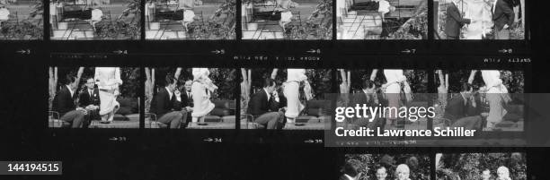 Contact sheet shows various photos of American actors Wally Cox , Marilyn Monroe , and Dean Martin during the filming of 'Something's Got to Give' ,...