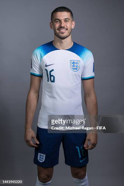 Conor Coady of England poses during the official FIFA World Cup Qatar 2022 portrait session on November 16, 2022 in Doha, Qatar.