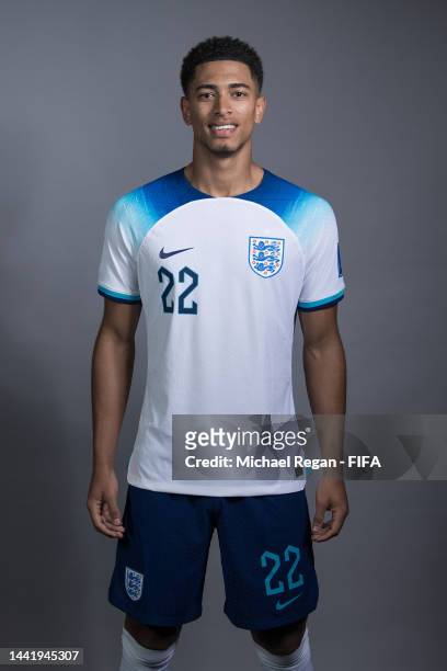 Jude Bellingham of England poses during the official FIFA World Cup Qatar 2022 portrait session on November 16, 2022 in Doha, Qatar.