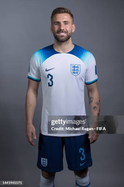 Luke Shaw of England poses during the official FIFA World Cup Qatar 2022 portrait session on November 16, 2022 in Doha, Qatar.