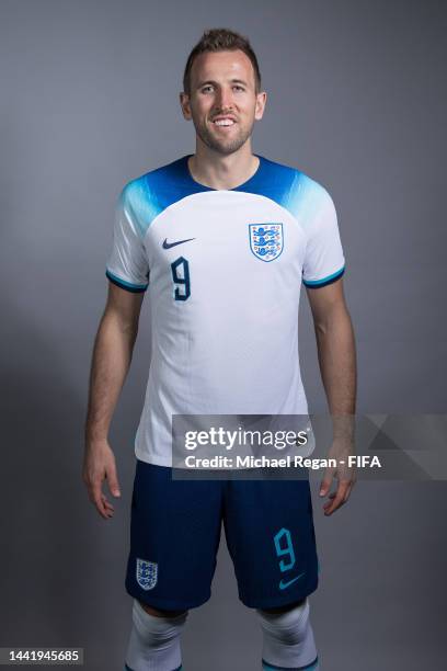 Harry Kane of England poses during the official FIFA World Cup Qatar 2022 portrait session on November 16, 2022 in Doha, Qatar.