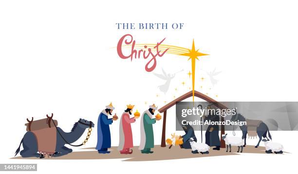 illustrations, cliparts, dessins animés et icônes de crèche. nuit de noël. naissance de jésus. trois sages. - kneeling