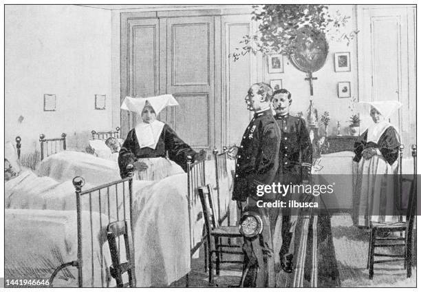 antique image: french national military academy la flèche - hospital bed drawing stock illustrations