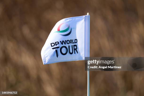 Detailed view of a DP World Tour flag during the Day Six of the Final Stage of Qualifying School at Lakes Course, Infinitum on November 16, 2022 in...