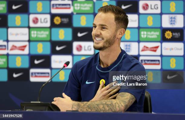 James Maddison speaks to the media during the England Press Conference at Al Wakrah Stadium on November 16, 2022 in Doha, Qatar.