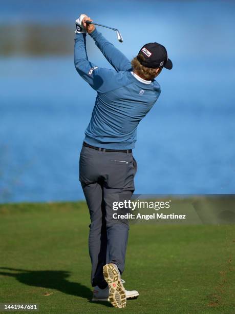 John Axelsen of Denmark tees off on the seventh hole during the Day Six of the Final Stage of Qualifying School at Lakes Course, Infinitum on...