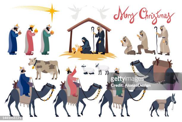 nativity scene set. - religious illustration stock illustrations
