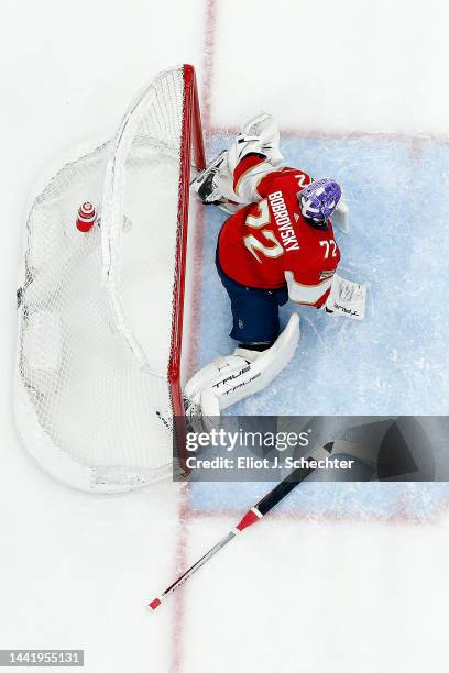 Goaltender Sergei Bobrovsky of the Florida Panthers defends the net without a stick against the Washington Capitals at the FLA Live Arena on November...