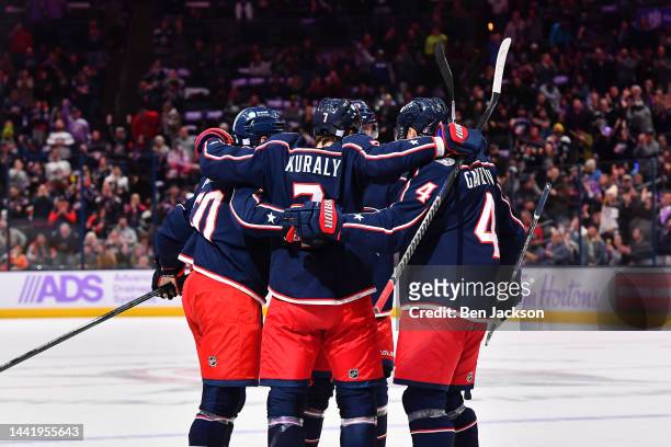 Sean Kuraly of the Columbus Blue Jackets celebrates his first period goal with his teammates during a game against the Philadelphia Flyers at...