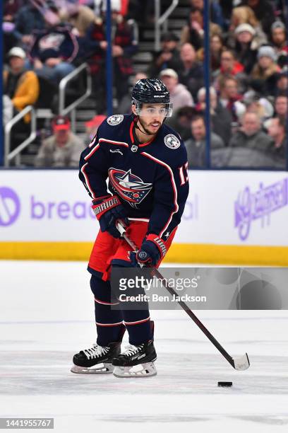 Johnny Gaudreau of the Columbus Blue Jackets skates with the puck during the first period of a game against the Philadelphia Flyers at Nationwide...