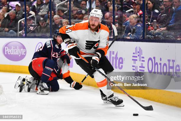 Nicolas Deslauriers of the Philadelphia Flyers skates with the puck during the second period of a game against the Columbus Blue Jackets at...