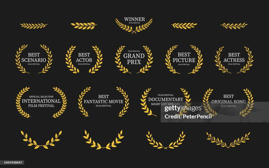 Laurel Wreath Vector Set on Black Background. Collection of Foliate Award Wreaths for Cinema Festivals etc