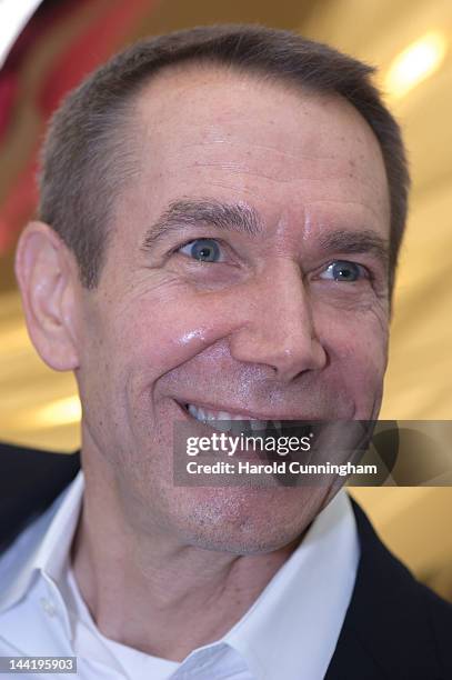 Artist Jeff Koons smiles during the 'Jeff Koons' exhibition preview at the Fondation Beyeler on May 11, 2012 in Basel, Switzerland. The exhibition...